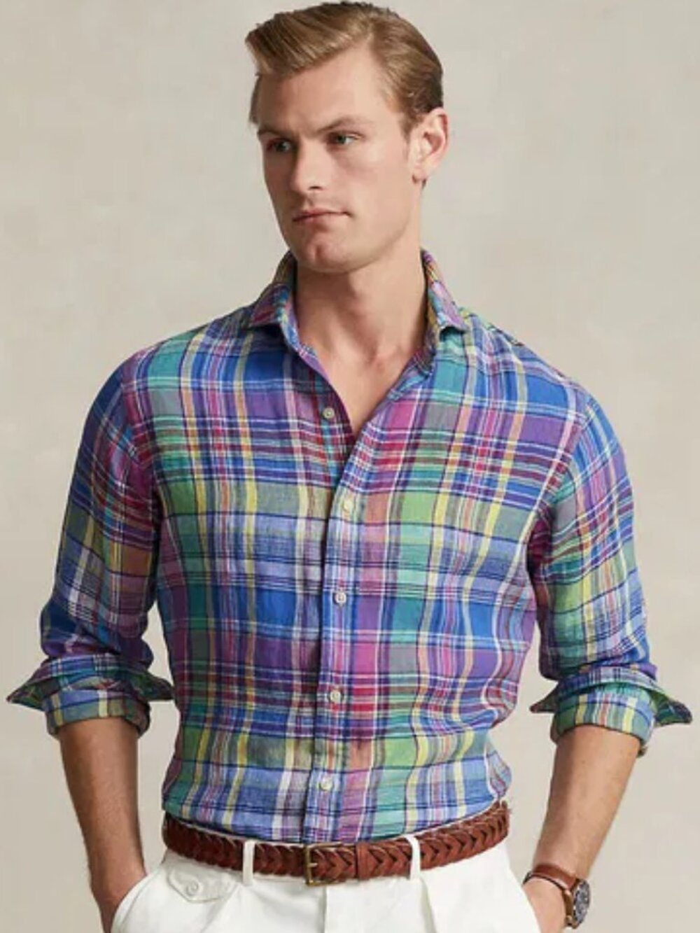 POLO RALPH LAUREN Men's L Slim Fit Plaid 100% Linen Shirt